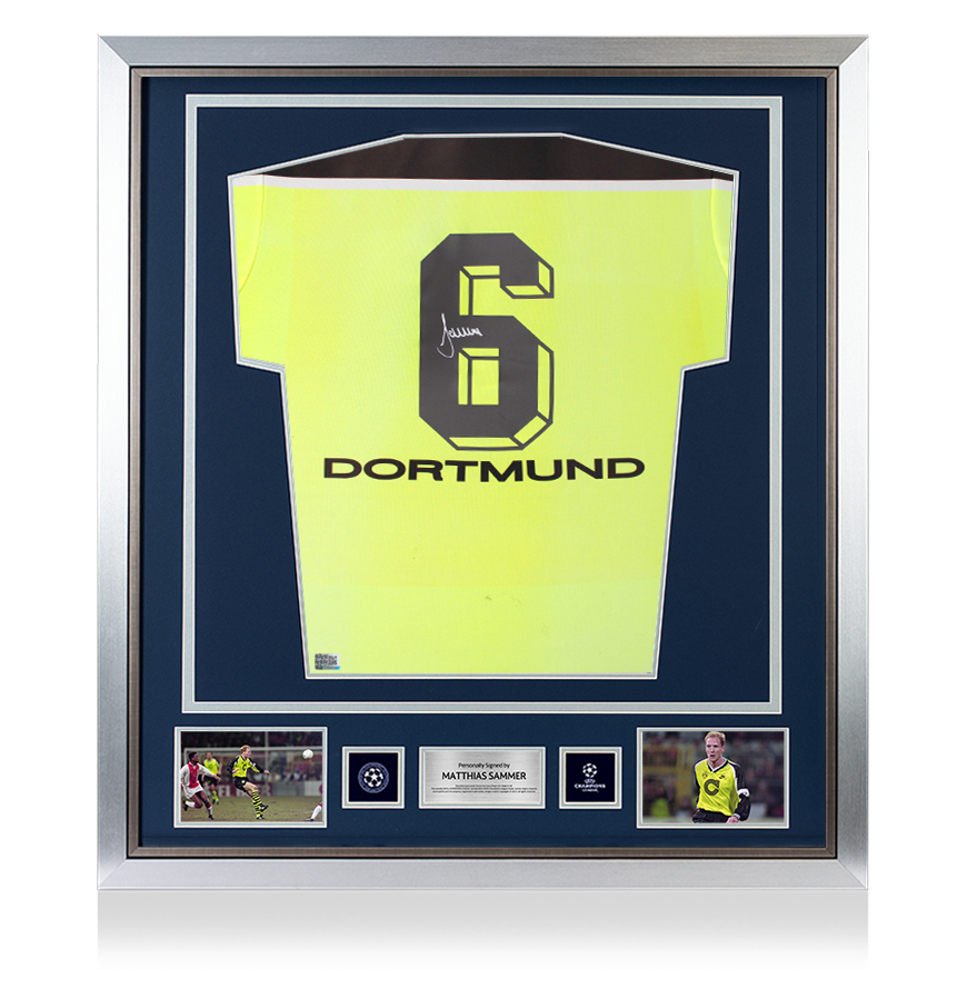 Matthias Sammer Official UEFA Champions League Back Signed and Framed Borussia Dortmund 1997-98 Home Shirt