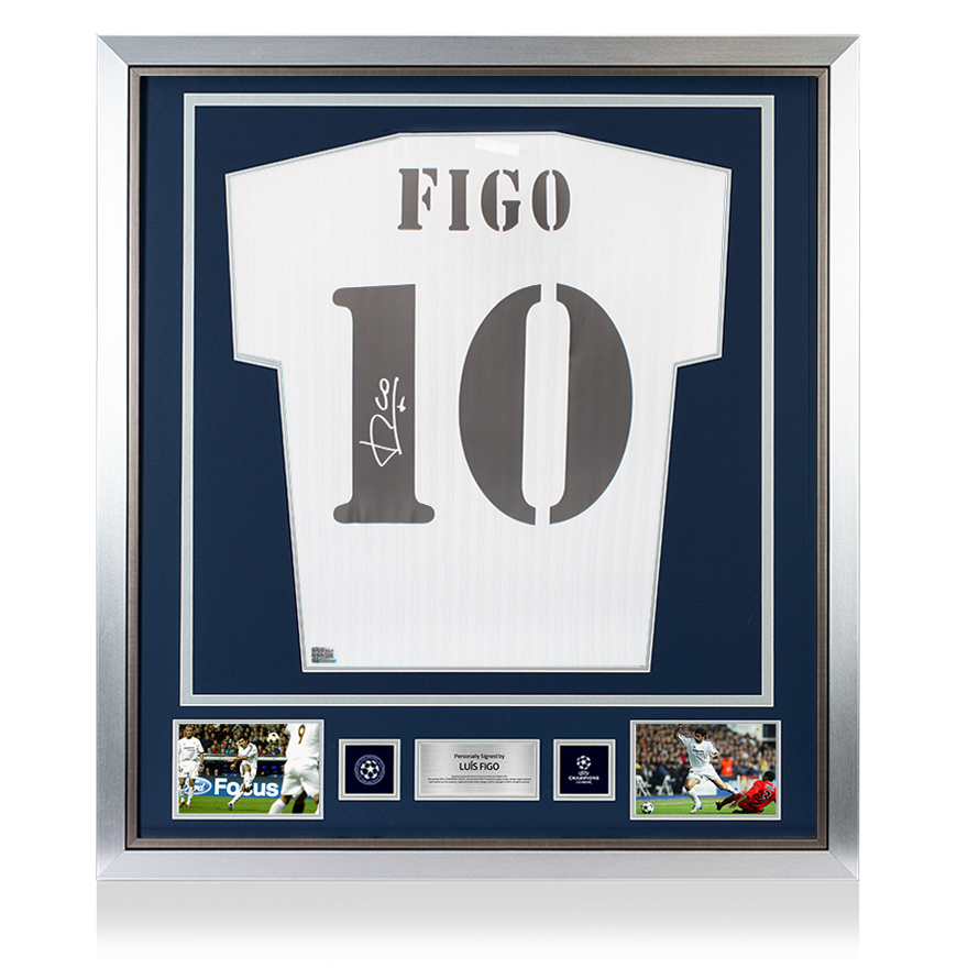 Luis Figo Official UEFA Champions League Back Signed and Framed Real Madrid Terrace Shirt