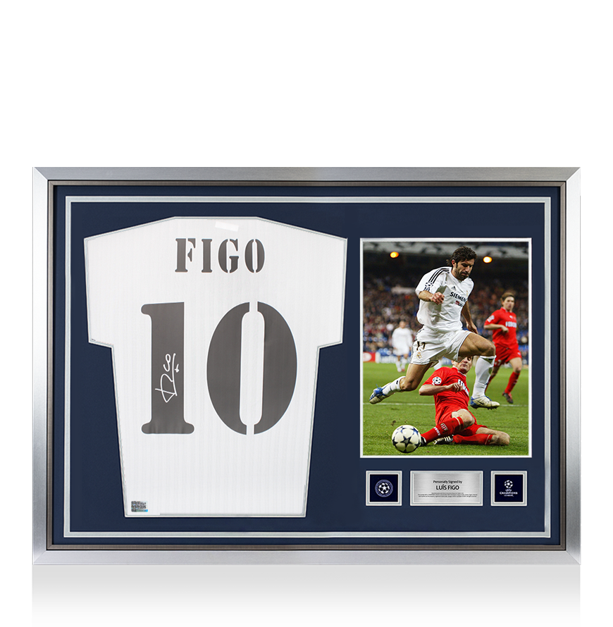Luis Figo Official UEFA Champions League Back Signed and Hero Framed Real Madrid Terrace Shirt