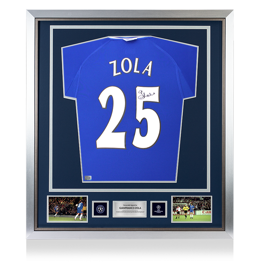 Gianfranco Zola Official UEFA Champions League Back Signed and Framed Chelsea 2000 Home Shirt
