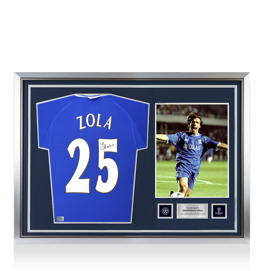 Gianfranco Zola Official UEFA Champions League Back Signed and Hero Framed Chelsea 2000 Home Shirt