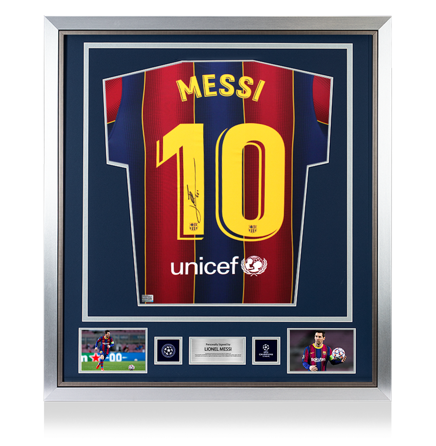 Lionel Messi Official UEFA Champions League Back Signed and Framed FC Barcelona 2020-21 Home Shirt