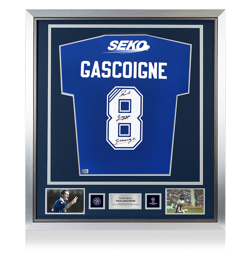 Paul Gascoigne Official UEFA Champions League Back Signed and Framed Rangers 2023-24 Home Shirt