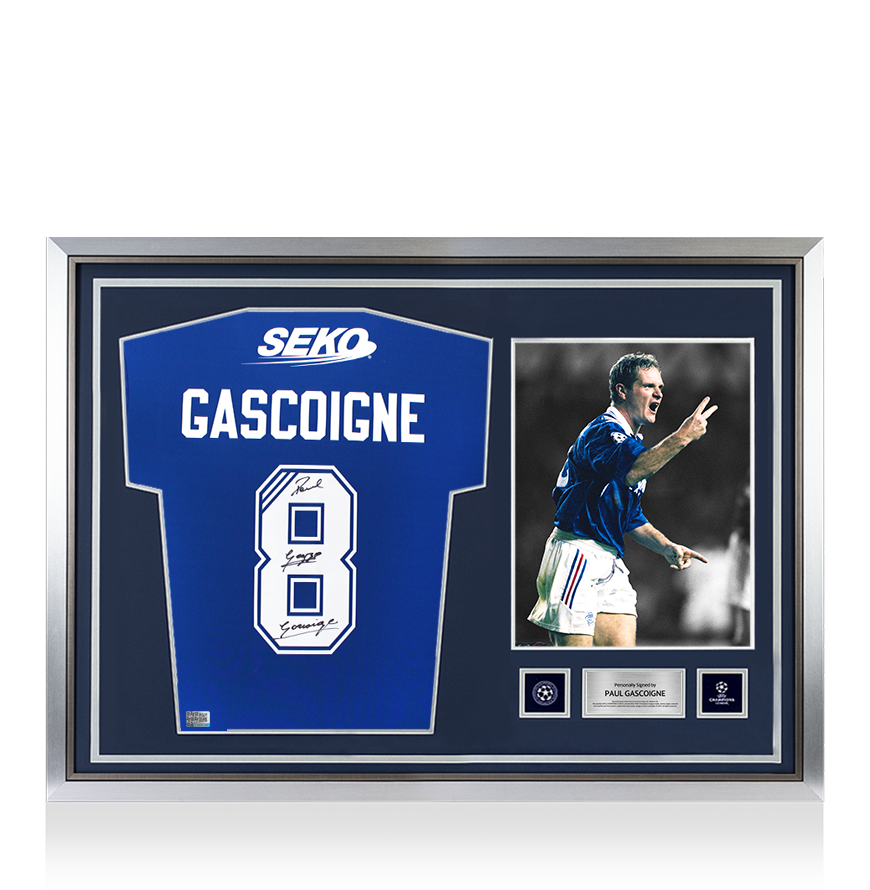 Paul Gascoigne Official UEFA Champions League Back Signed and Hero Framed Rangers 2023-24 Home Shirt