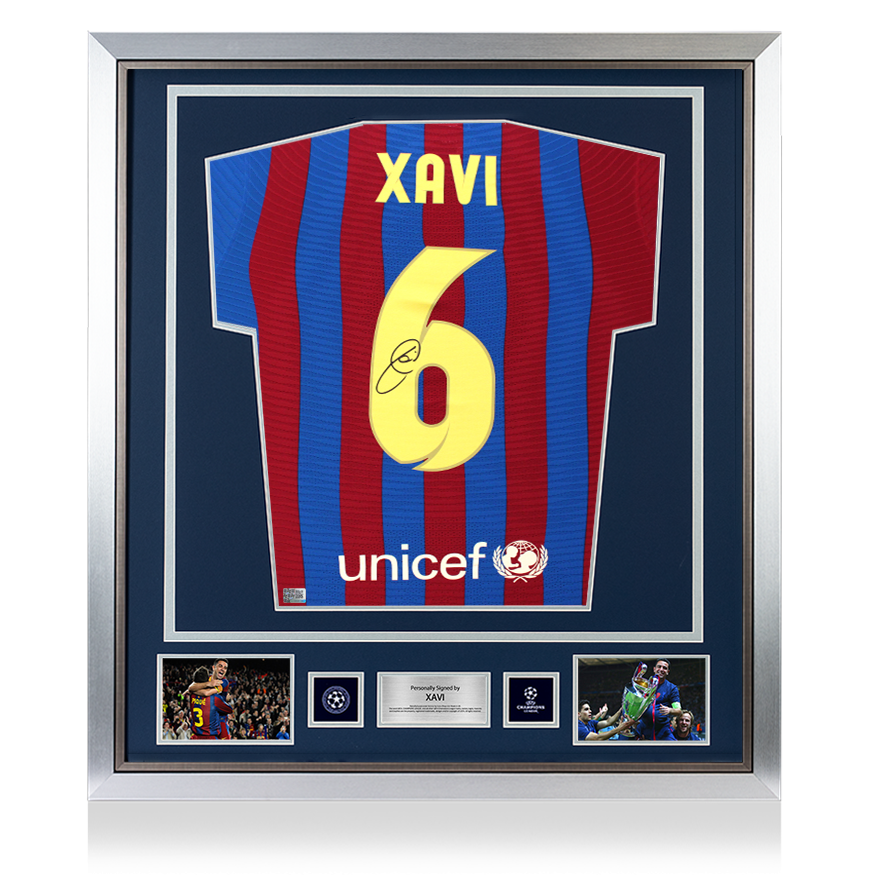 Xavi Official UEFA Champions League Back Signed and Framed FC Barcelona 2021-22 Home Shirt