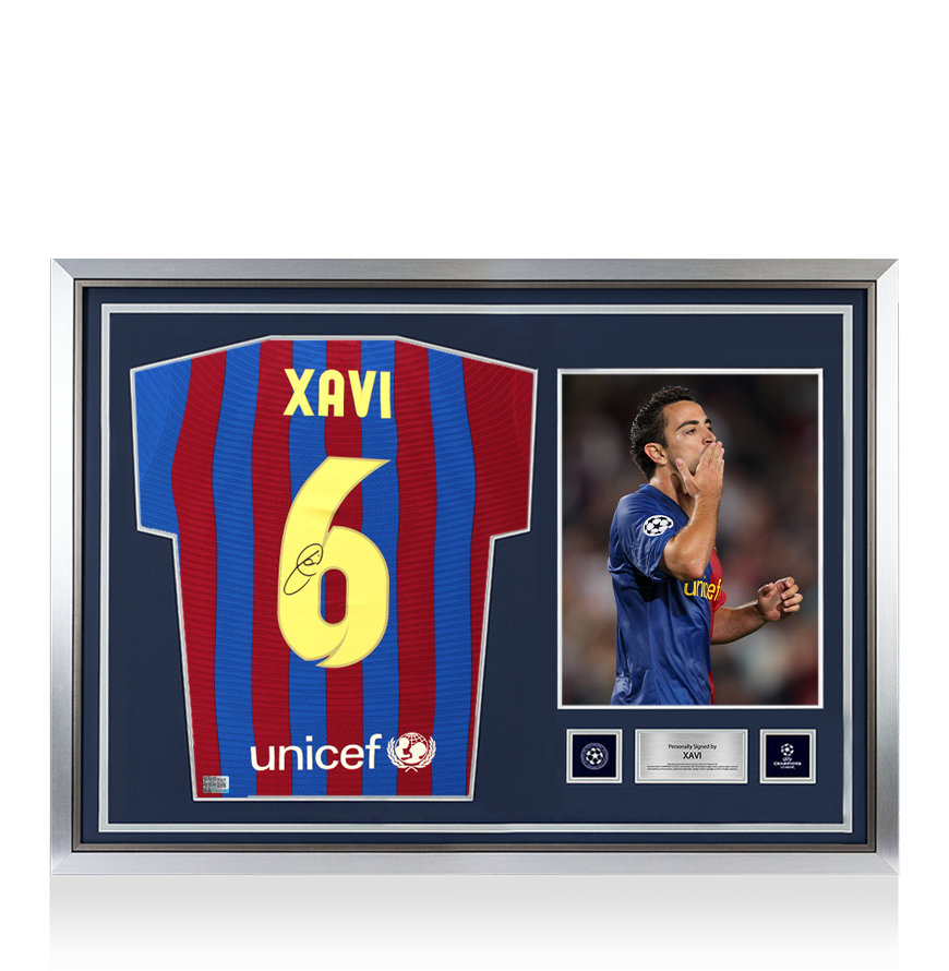 Xavi Official UEFA Champions League Back Signed and Hero Framed FC Barcelona 2021-22 Home Shirt