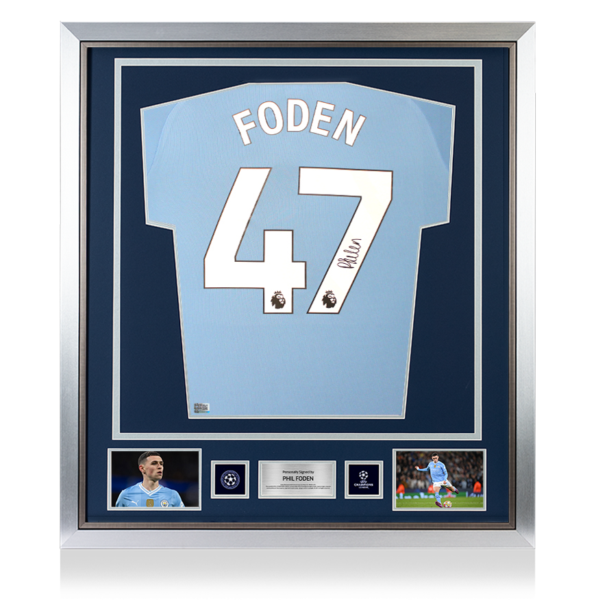 Phil Foden Official UEFA Champions League Back Signed and Framed Manchester City 2023-24 Home Shirt