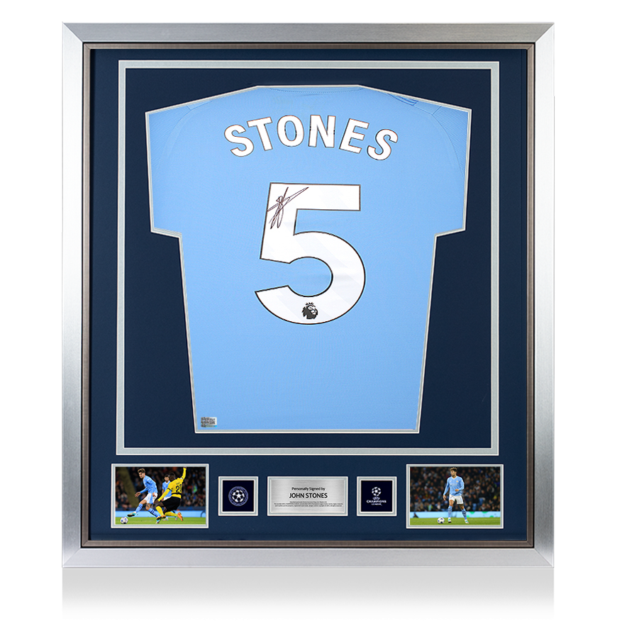 John Stones Official UEFA Champions League Back Signed and Framed Manchester City 2023-24 Home Shirt
