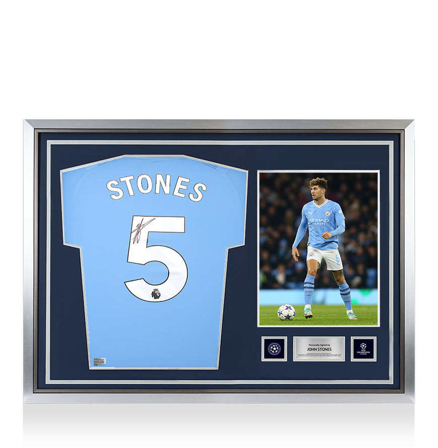 John Stones Official UEFA Champions League Back Signed and Hero Framed Manchester City 2023-24 Home Shirt