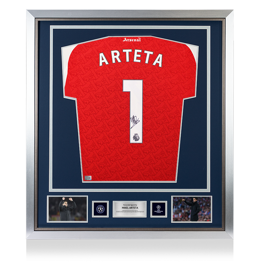 Mikel Arteta Official UEFA Champions League Back Signed and Framed Arsenal 2025-26 Home Shirt