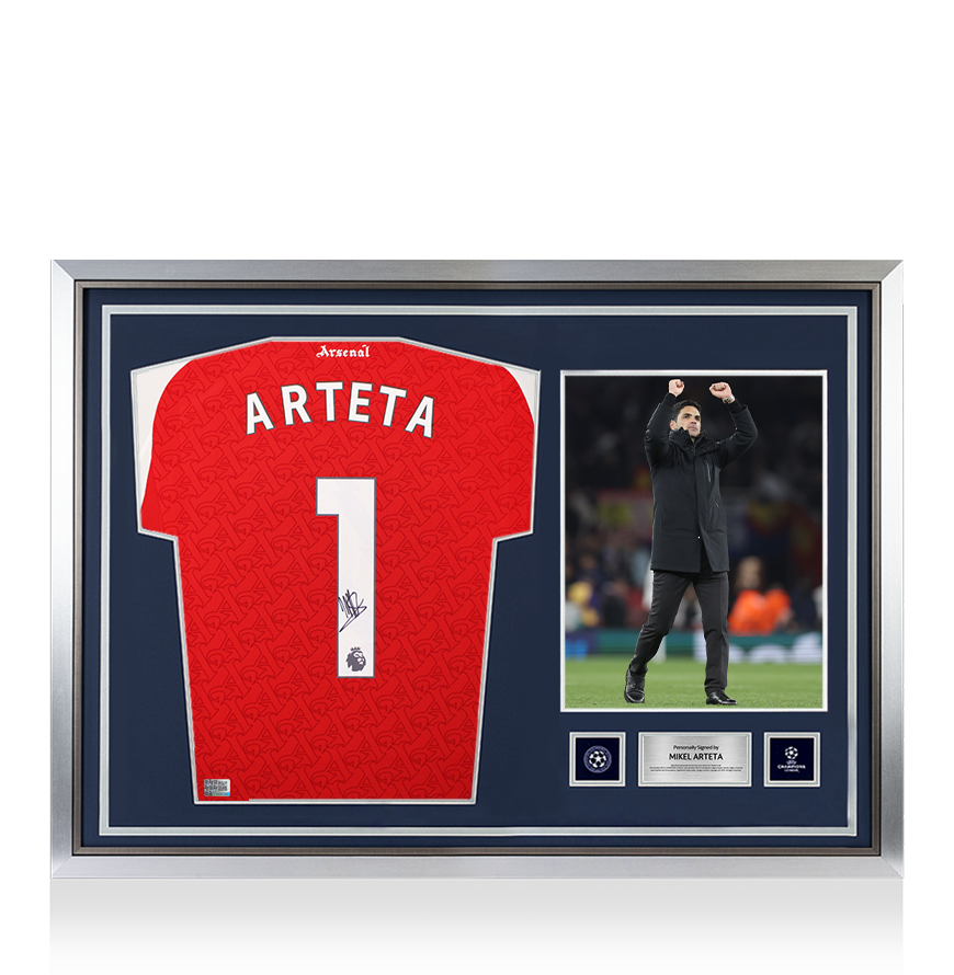 Mikel Arteta Official UEFA Champions League Back Signed and Hero Framed Arsenal 2025-26 Home Shirt
