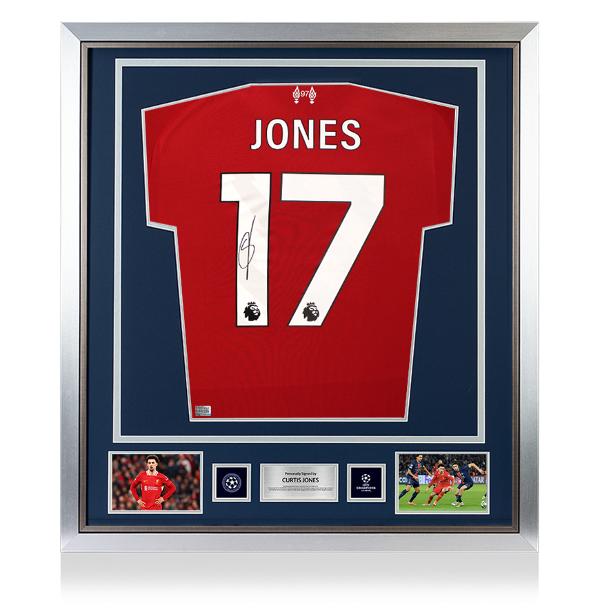 Curtis Jones Official UEFA Champions League Back Signed and Framed Liverpool 2025-26 Home Shirt
