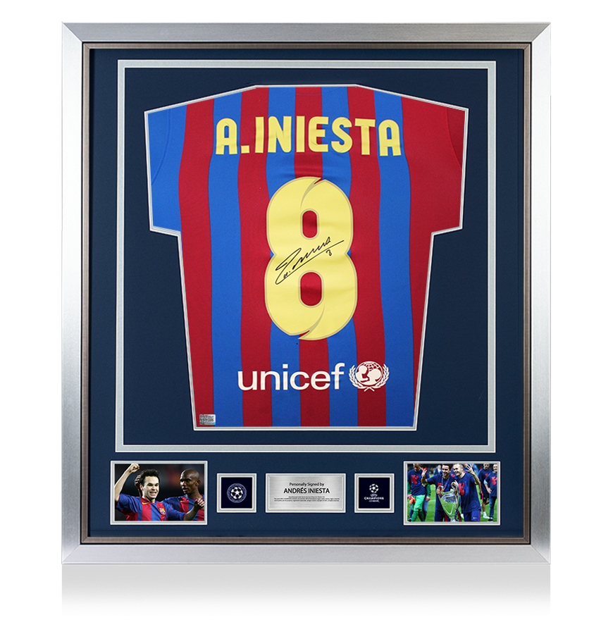 Andres Iniesta Official UEFA Champions League Back Signed and Framed FC Barcelona 2020-21 Home Shirt