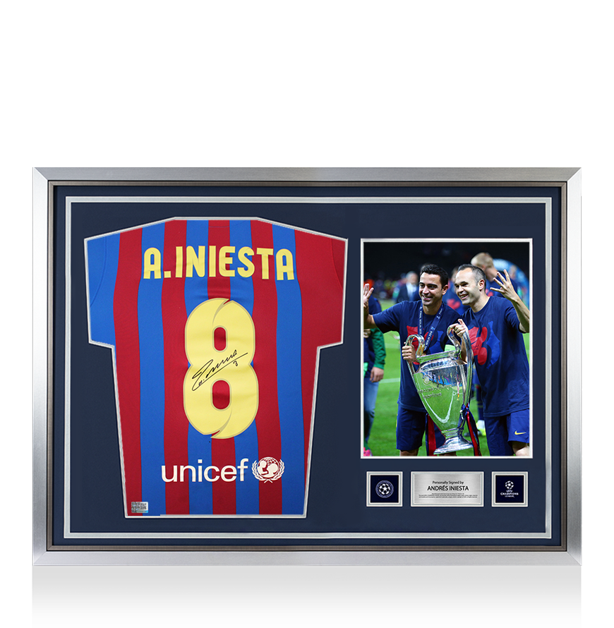 Andres Iniesta Official UEFA Champions League Back Signed and Hero Framed FC Barcelona 2020-21 Home Shirt