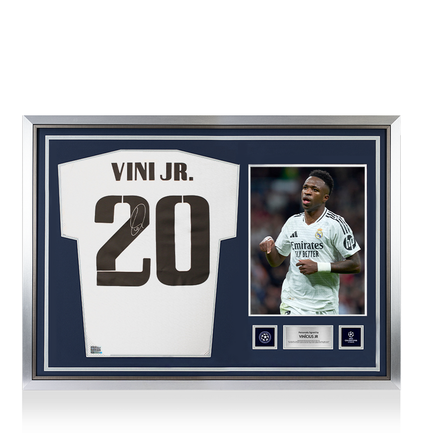 Vinicius Jr Official UEFA Champions League Back Signed and Hero Framed Real Madrid 2024-25 Home Shirt