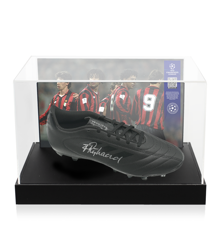 Frank Rijkaard Official UEFA Champions League Signed Adidas Black Boot In Photo Acrylic Case: Option 1
