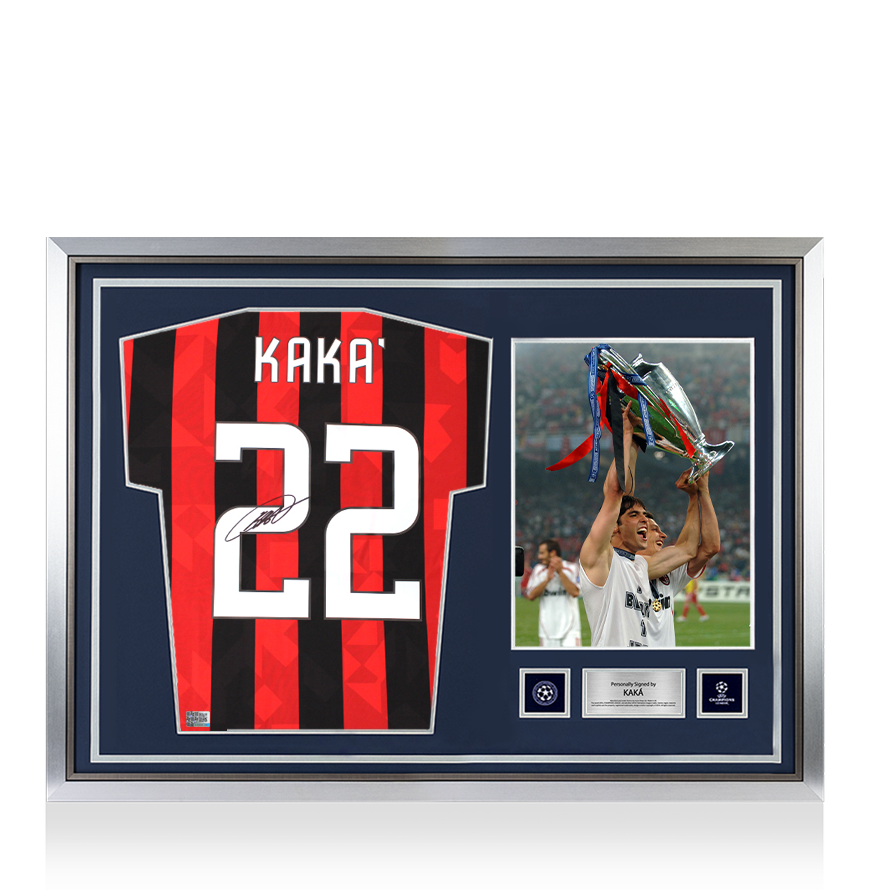 Kaka Official UEFA Champions League Back Signed and Hero Framed AC Milan Retro Shirt
