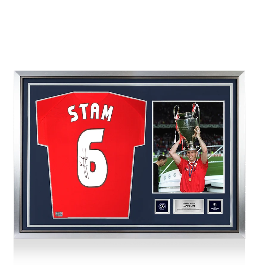 Jaap Stam Official UEFA Champions League Back Signed and Hero Framed Manchester United 1999 UEFA Champions League Shirt