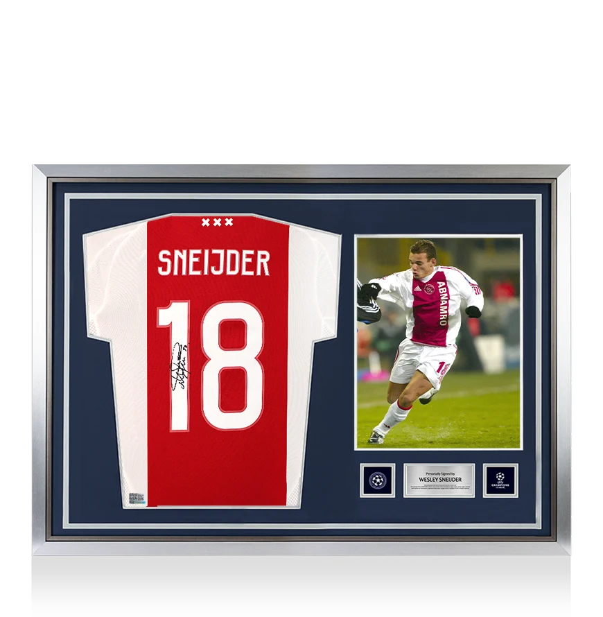 Wesley Sneijder Official UEFA Champions League Back Signed and Hero Framed Ajax 2024-25 Home Shirt