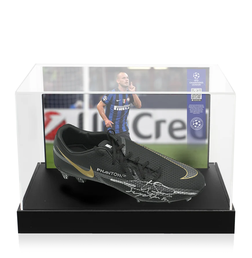 Wesley Sneijder Official UEFA Champions League Signed Nike Phantom Boot In Photo Acrylic Case: Option 1