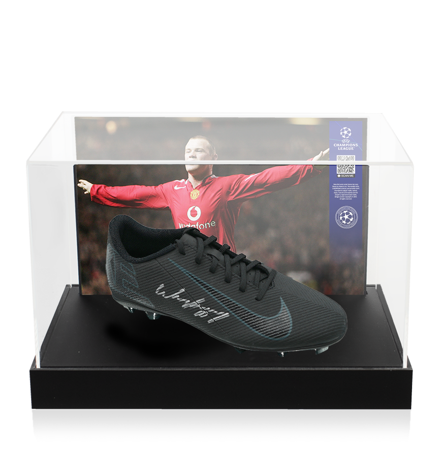 Wayne Rooney Official UEFA Champions League Signed Nike Mercurial Vapor Boot In Photo Acrylic Case: Option 1