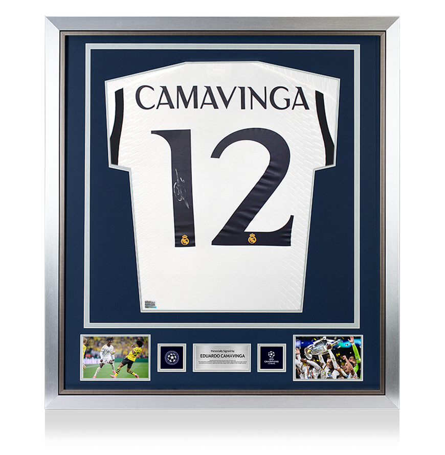 Eduardo Camavinga Official UEFA Champions League Back Signed and Framed Real Madrid 2023-24 Authentic Home Shirt