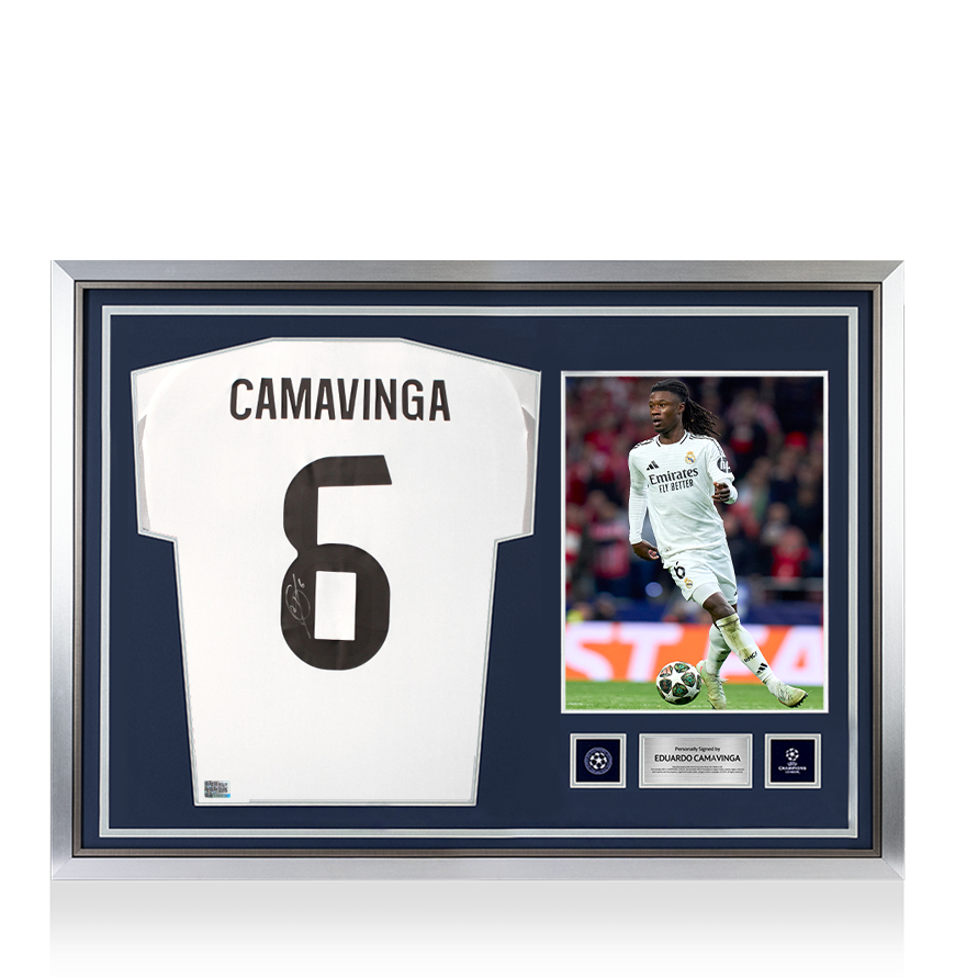 Eduardo Camavinga Official UEFA Champions League Back Signed and Hero Framed Real Madrid 2025-26 Home Shirt With Fan Style Number