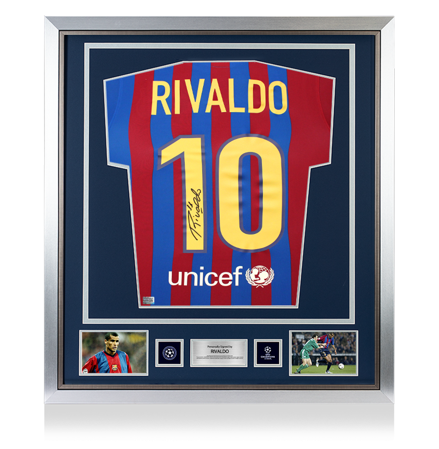 Rivaldo Official UEFA Champions League Back Signed and Framed FC Barcelona 2021-22 Home Shirt