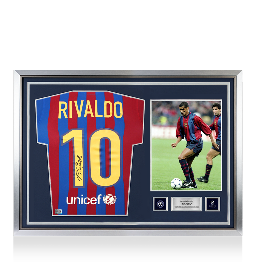 Rivaldo Official UEFA Champions League Back Signed and Hero Framed FC Barcelona 2021-22 Home Shirt