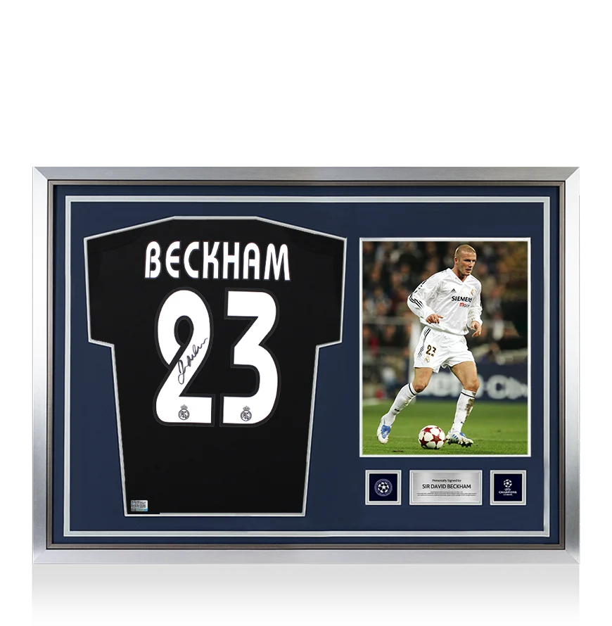 David Beckham Official UEFA Champions League Back Signed and Hero Framed Real Madrid 2004-05 Away Shirt