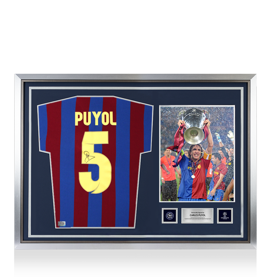 Carles Puyol Official UEFA Champions League Back Signed and Hero Framed FC Barcelona Retro Captain's Home Shirt