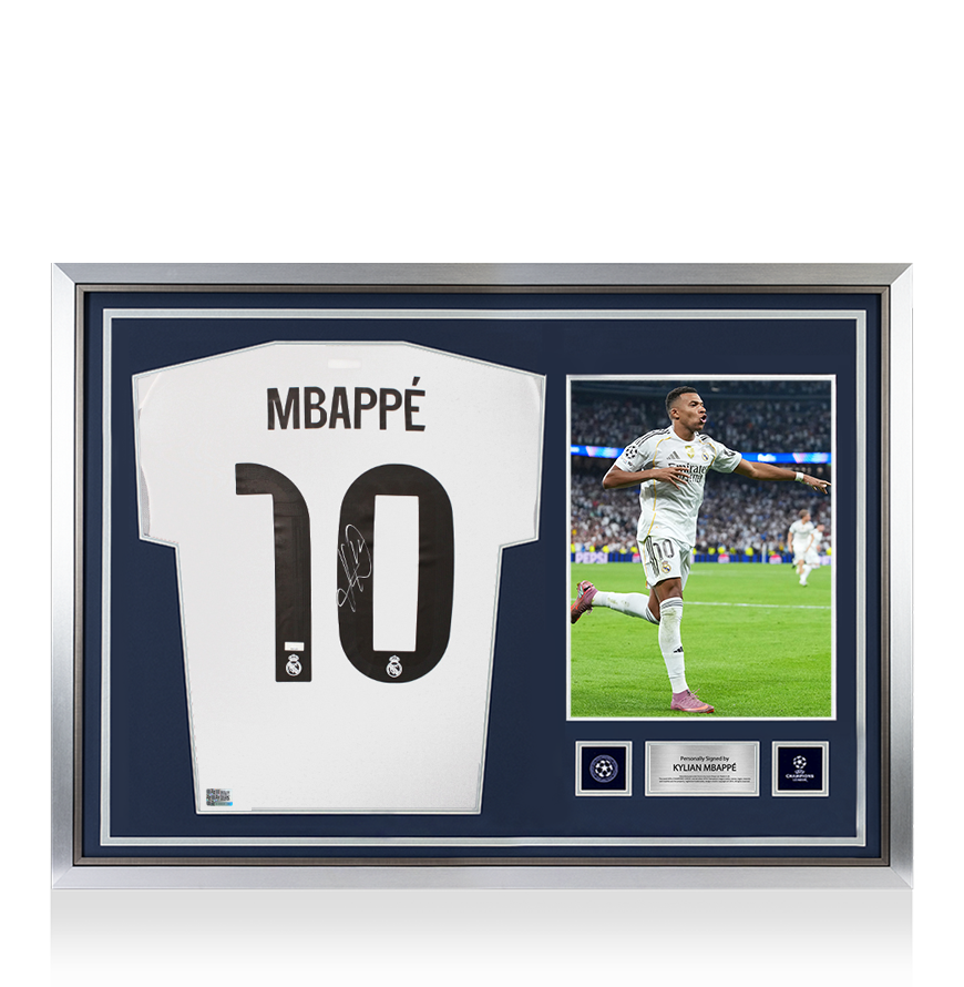 Kylian Mbappe Official UEFA Champions League Back Signed and Hero Framed Real Madrid 2025-26 Home Shirt