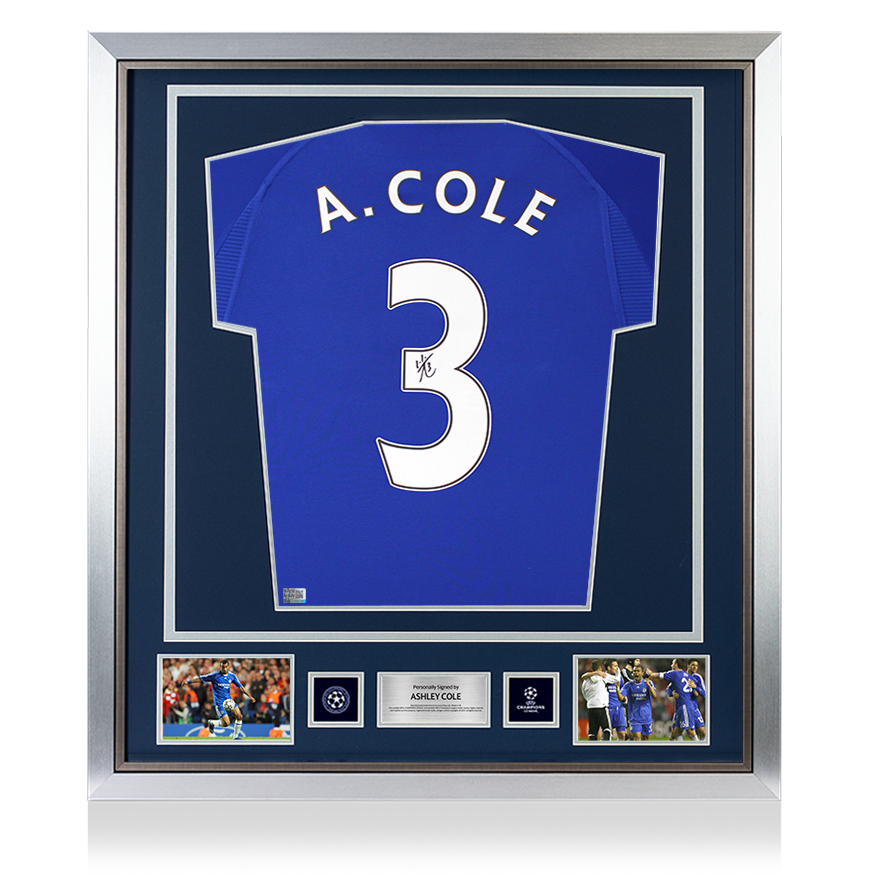 Ashley Cole Official UEFA Champions League Back Signed and Framed Chelsea 2000 Home Shirt