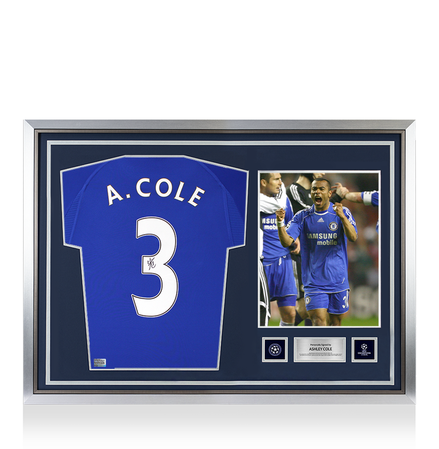 Ashley Cole Official UEFA Champions League Back Signed and Hero Framed Chelsea 2000 Home Shirt
