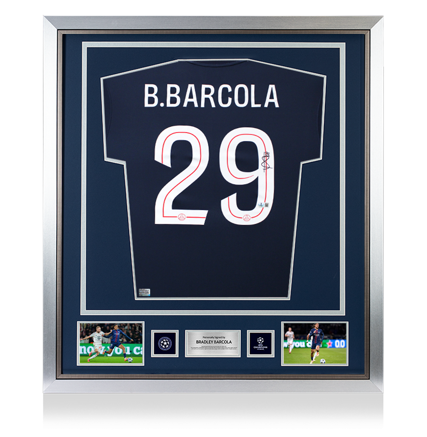 Bradley Barcola Official UEFA Champions League Back Signed and Framed Paris Saint-Germain 2025-26 Home Shirt