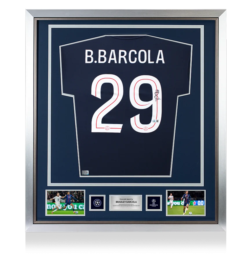 Bradley Barcola Official UEFA Champions League Back Signed and Framed Paris Saint-Germain 2025-26 Home Shirt