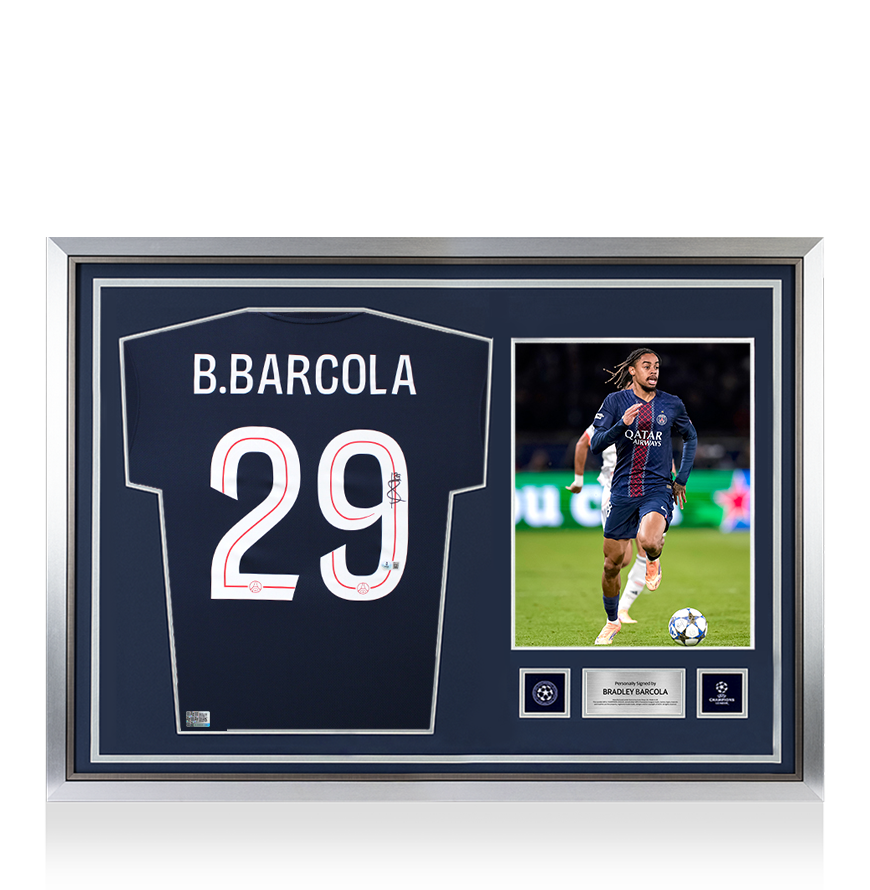 Bradley Barcola Official UEFA Champions League Back Signed and Hero Framed Paris Saint-Germain 2025-26 Home Shirt