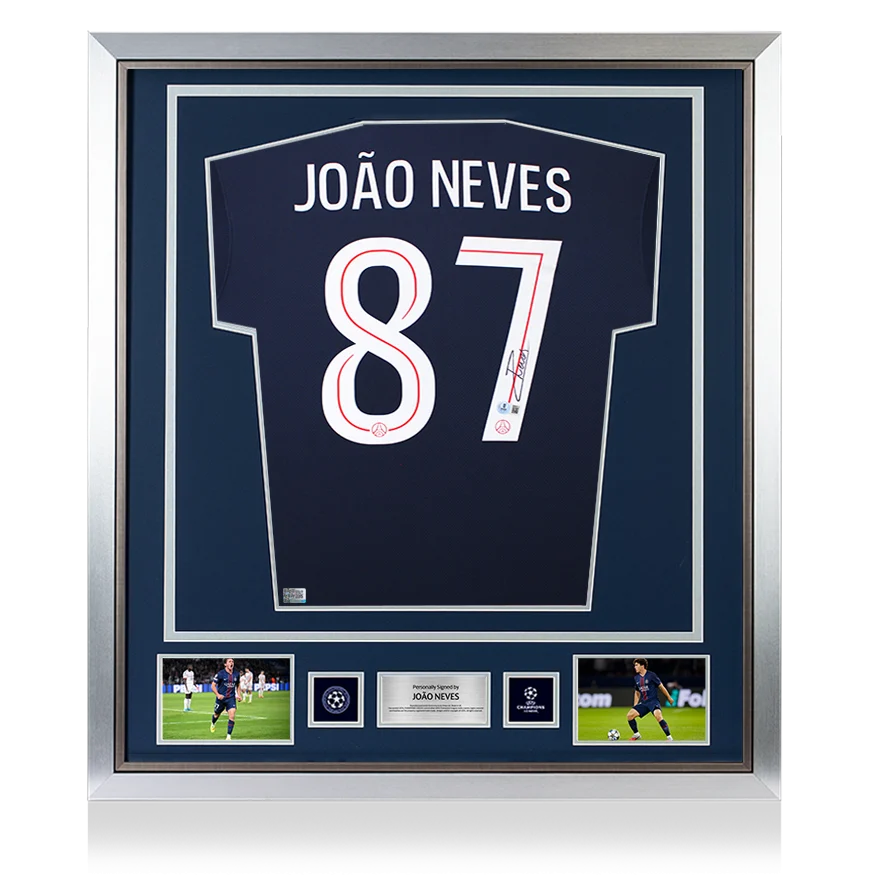 Joao Neves Official UEFA Champions League Back Signed and Framed Paris Saint-Germain 2025-26 Home Shirt