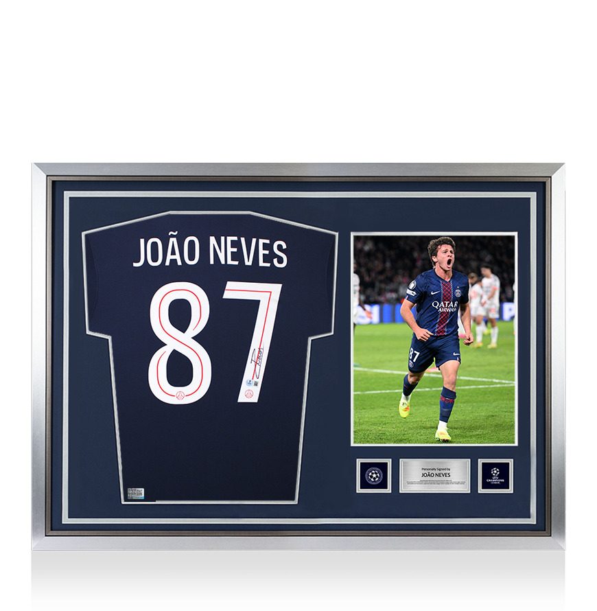 Joao Neves Official UEFA Champions League Back Signed and Hero Framed Paris Saint-Germain 2025-26 Home Shirt