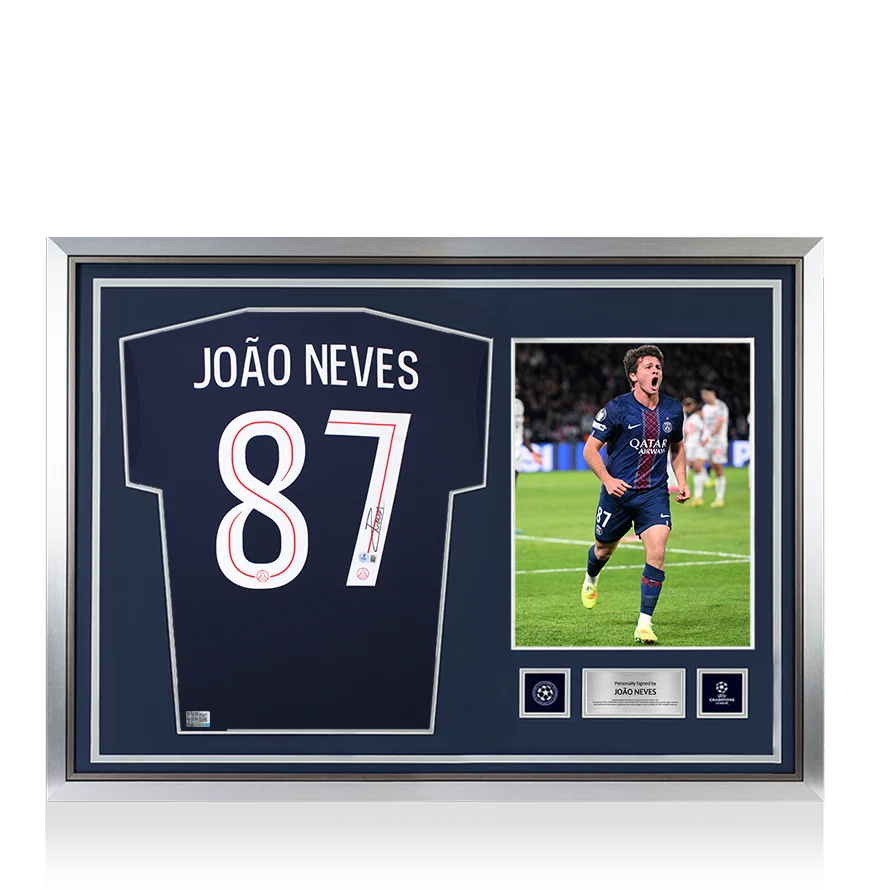 Joao Neves Official UEFA Champions League Back Signed and Hero Framed Paris Saint-Germain 2025-26 Home Shirt