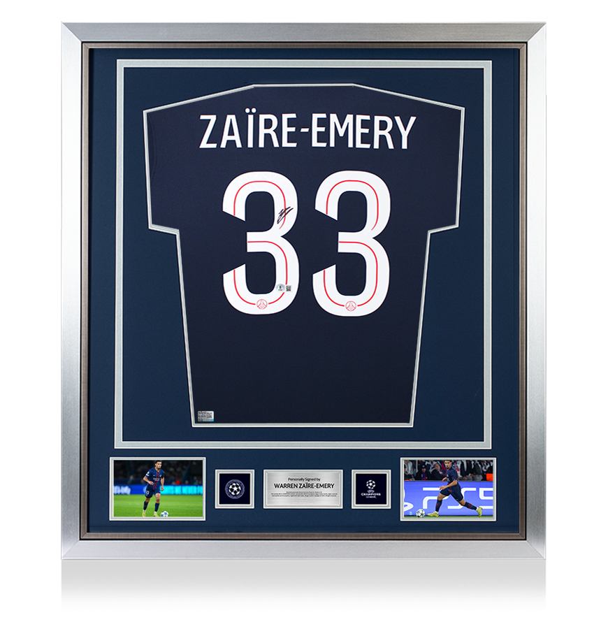 Warren Zaire-Emery Official UEFA Champions League Back Signed and Framed Paris Saint-Germain 2025-26 Home Shirt