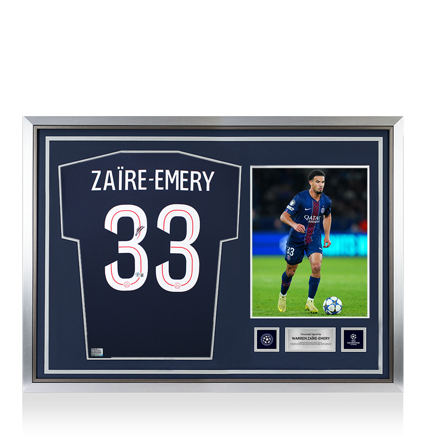 Warren Zaire-Emery Official UEFA Champions League Back Signed and Hero Framed Paris Saint-Germain 2025-26 Home Shirt