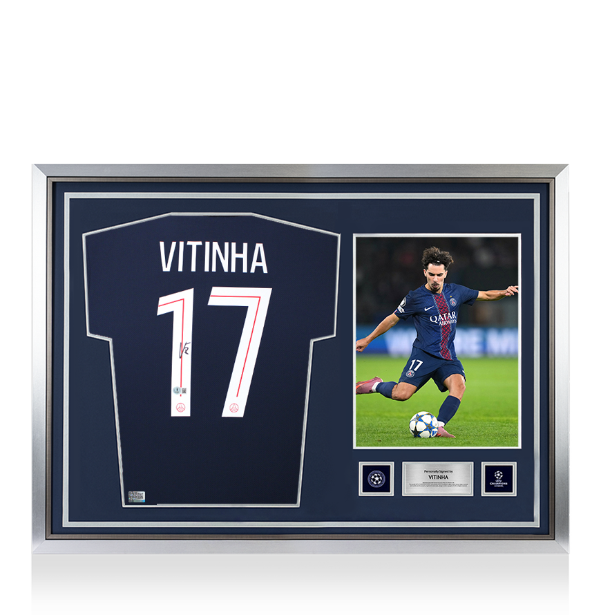 Vitinha Official UEFA Champions League Back Signed and Hero Framed Paris Saint-Germain 2025-26 Home Shirt