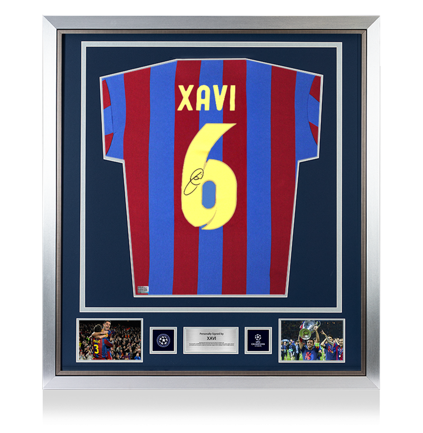 Xavi Official UEFA Champions League Back Signed and Framed FC Barcelona Captain Jersey