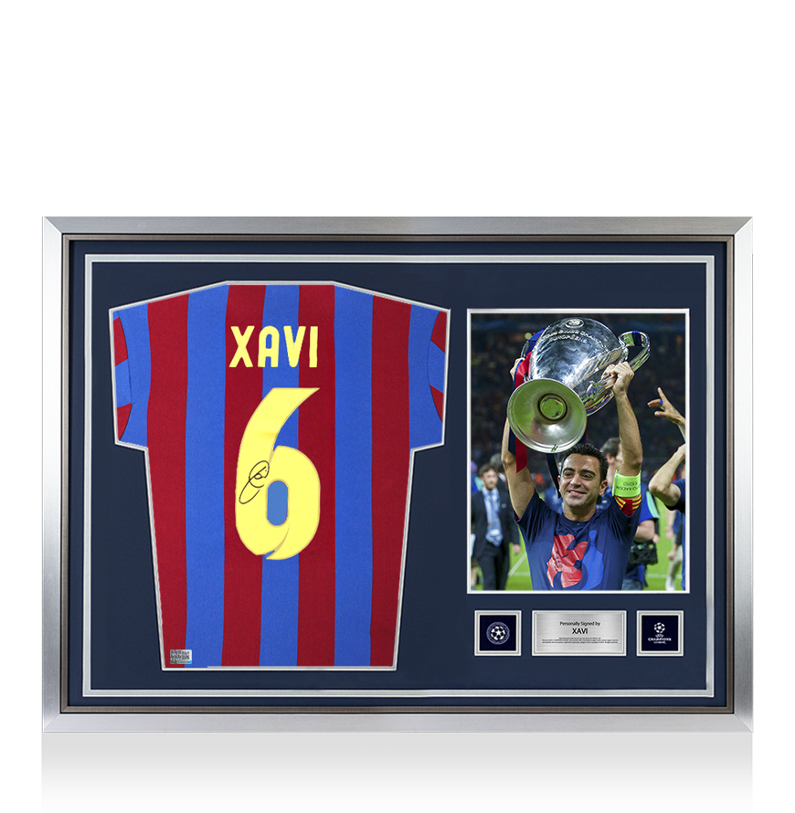 Xavi Official UEFA Champions League Back Signed and Hero Framed FC Barcelona Captain Jersey