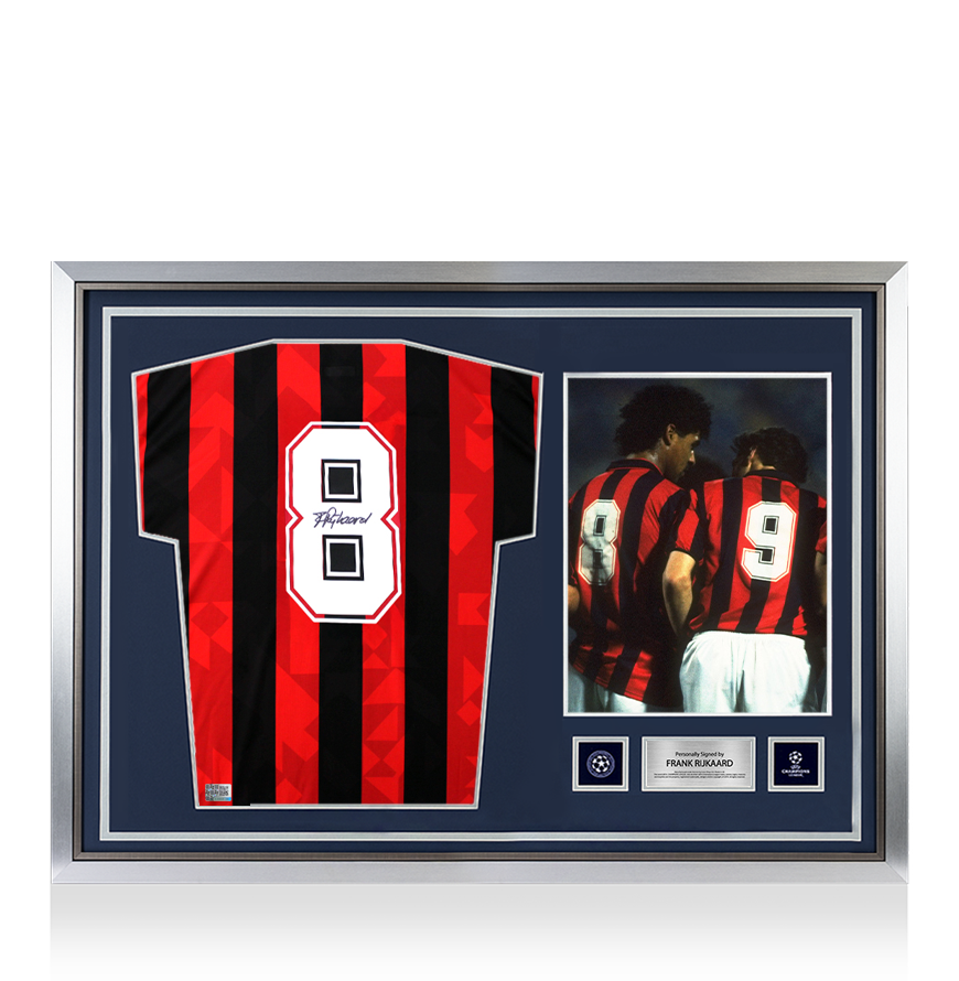 Frank Rijkaard Official UEFA Champions League Back Signed and Hero Framed AC Milan 1994 Retro Shirt