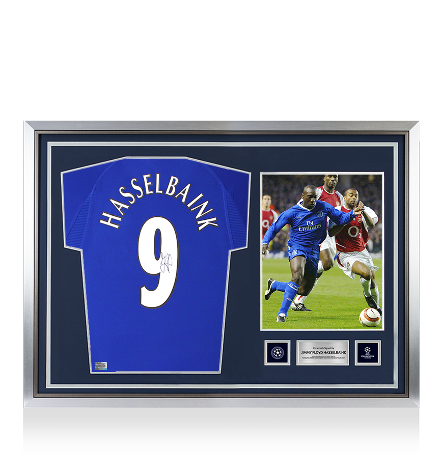 Jimmy Floyd Hasselbaink Official UEFA Champions League Back Signed and Hero Framed Chelsea 2000 Home Shirt