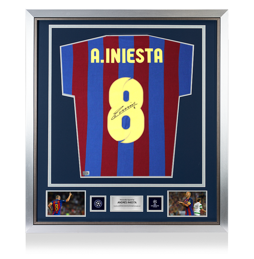 Andres Iniesta Official UEFA Champions League Back Signed and Framed Barcelona Retro Captain's Armband Shirt