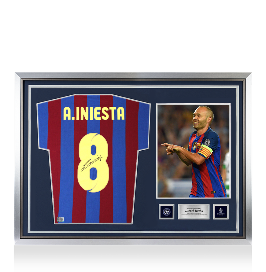 Andres Iniesta Official UEFA Champions League Back Signed and Hero Framed Barcelona Retro Captain's Armband Shirt