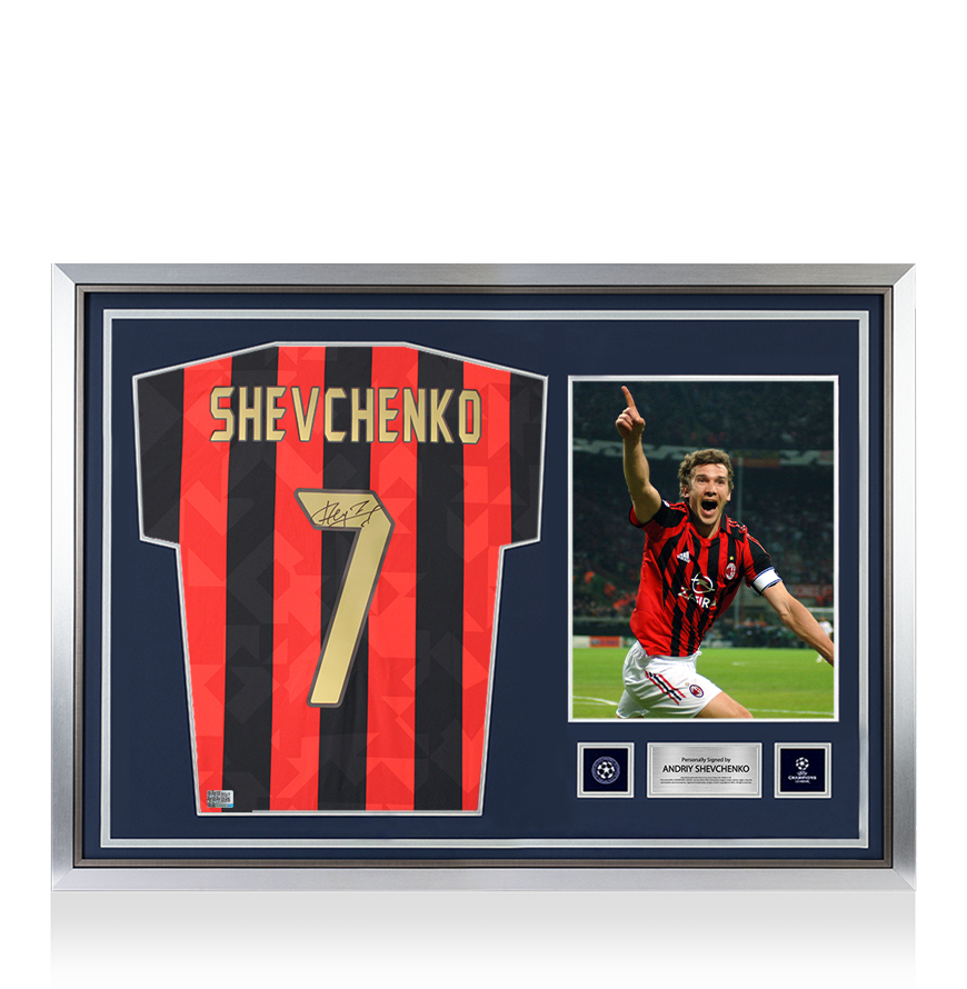 Andriy Shevchenko Official UEFA Champions League Back Signed and Hero Framed AC Milan 1994 Home Shirt